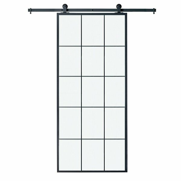 Renin Queen's Clear Glass Metal Barn Door with Installation Hardware Kit 37 in. KMCTQNC-37BL-E